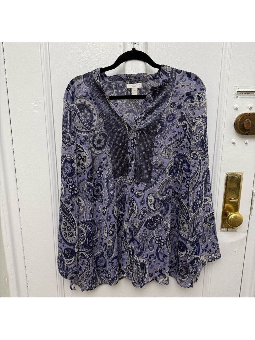 Vintage Charter Club Woman Purple Paisley Print Sequin Button Up Blouse